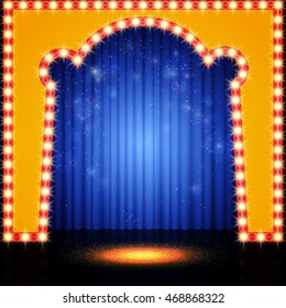 Empty retro stage with blue curtain. Vector illustration