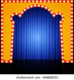 Empty retro stage with blue curtain. Vector illustration
