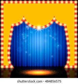 Empty retro stage with blue curtain. Vector illustration