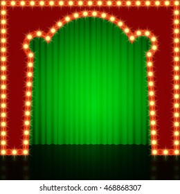 Empty retro stage with green curtain. Vector illustration
