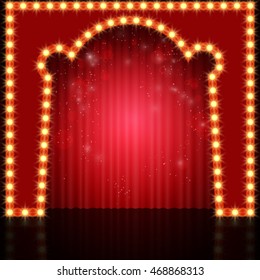 Empty retro stage with red curtain. Vector illustration