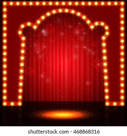Empty retro stage with red curtain. Vector illustration