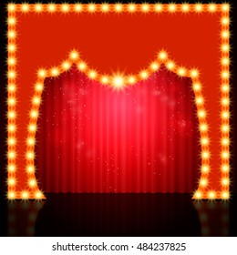 Empty retro stage with red curtain. Vector illustration
