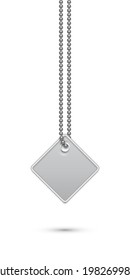 Empty Rhombus Silver Military Or Dogs Badge Hanging On Steel Chain. Vector Army Object Isolated On White. Pendant With Blank Space For Identification, Blood Type In Case Of Death And Injury