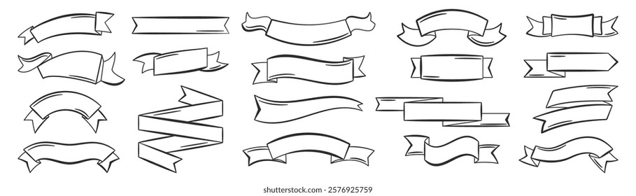 Empty Ribbon Banners. Hand drawn simple doodle ribbons collection for label, text header, title, calligraphy or lettering. Vector illustration isolated on white