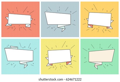 Empty ribbon banners. Retro vector bubbles set. Vintage hand drawn design elements. Template for banner, advertising, poster in pop art style on dot colorful background.