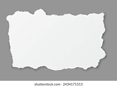 Empty ripped paper piece realistic vector illustration. Blank note sheet. Torn out page mockup design 3d object on grey background