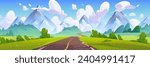 Empty road among field and meadow with green grass and trees, mountains and blue sky with clouds. Cartoon summer vector scenery of highway lead to rocky hills. Countryside landscape with path.