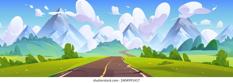 Empty road among field and meadow with green grass and trees, mountains and blue sky with clouds. Cartoon summer vector scenery of highway lead to rocky hills. Countryside landscape with path.