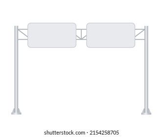 Empty road Billboards on high metal construction on two pillars. Highway signs Mockup. Two White banners for urban design and outdoor advertising. Vector realistic template. Front view.