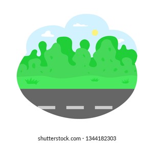 Empty road of city, bushes and trees vector. Greenery of nature, landscape with clear sky with shining sun, summer adventures trip on path highway