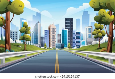 Empty road to city landscape illustration. Nature highway through meadow and trees to city cartoon vector background