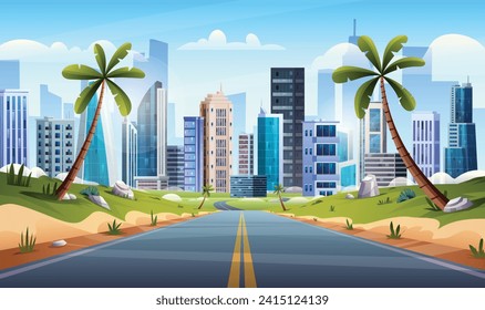 Empty road to city landscape illustration. Straight highway through palm trees cartoon vector background