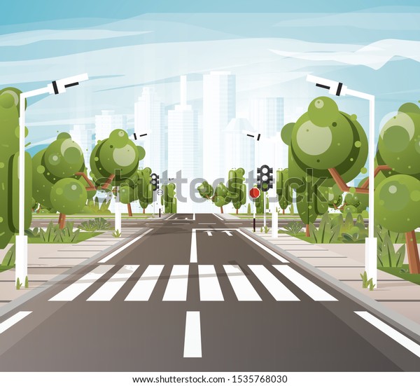 Empty Road with Crosswalk, Road Markings,\
Sidewalk for Pedestrians, Trees and Traffic Lights. Vector\
Illustration. Cityscape. Urban Concept. City\
Skyline.\
