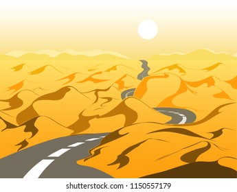 Empty road in the desert. Sand dunes, mounains, road, and sun landscape. Vector illustration