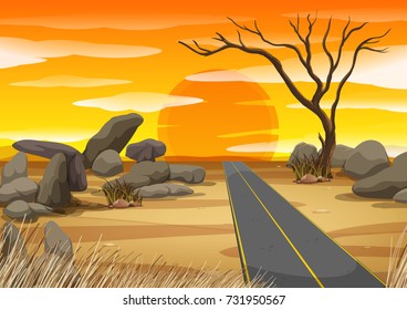 Empty road in desert at sunset illustration
