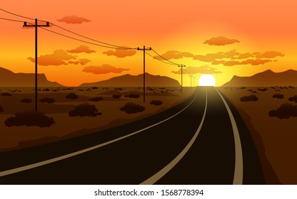Empty road in desert when the sun goes down