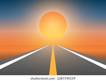 Empty Road During Sunset Background. Straight Asphalt Highway at Sunset. Road to Sunset. Vector Illustration. 