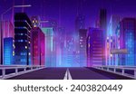 Empty road leads to city with multistorey buildings and neon lights at night. Cartoon vector landscape with asphalt highway into town. Purple bright cityscape with skyscrapers and streetlights.