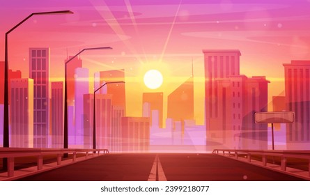 Empty road leads to city with multistorey buildings at sunset or sunrise. Cartoon vector landscape with asphalt highway with streetlights into town. Cityscape with skyscrapers and pink gradient sky.