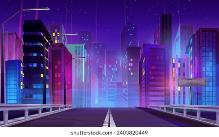 Empty road leads to city with multistorey buildings and neon lights at night. Cartoon vector landscape with asphalt highway into town. Purple bright cityscape with skyscrapers and streetlights.
