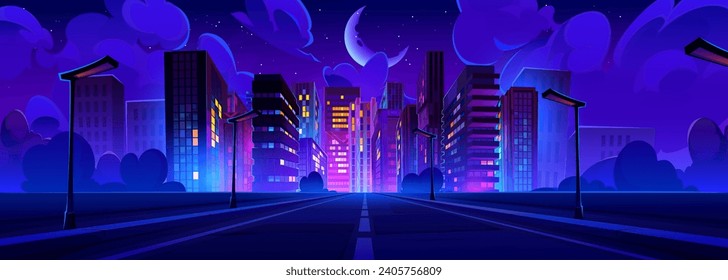 Leere Straße führt in die Stadt mit mehrstöckigen Gebäuden und Neonleuchten in der Nacht. Cartoon Vektorlandschaft mit Asphalt Autobahn in die Stadt. Violett helles Stadtbild mit Wolkenkratzern und Straßenbeleuchtung.