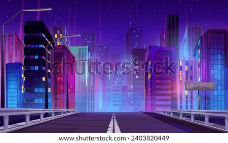 Empty road leads to city with multistorey buildings and neon lights at night. Cartoon vector landscape with asphalt highway into town. Purple bright cityscape with skyscrapers and streetlights.