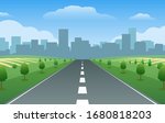 Empty road on city summer valley. Green countryside vector background with asphalt highway and town land view