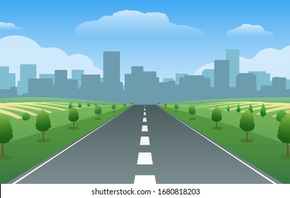 Empty road on city summer valley. Green countryside vector background with asphalt highway and town land view