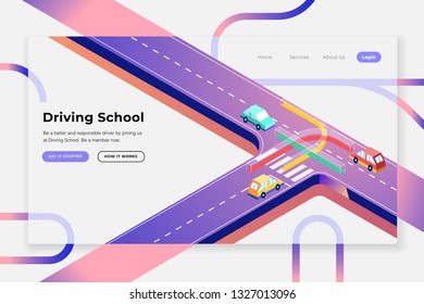 an empty road only passes three blue and orange cars - All elements on this template are editable with vector software