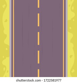 Empty road semi flat vector illustration top view. Single drive way in countryside. Straight city route. Track path. Traffic line. Asphalt highway 2D cartoon background for commercial use