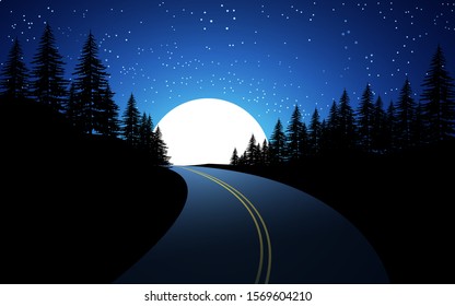 Empty road with starry sky and moon