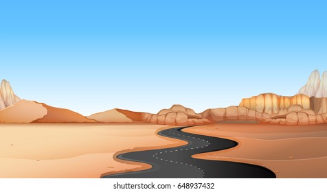 Empty road through desert land illustration