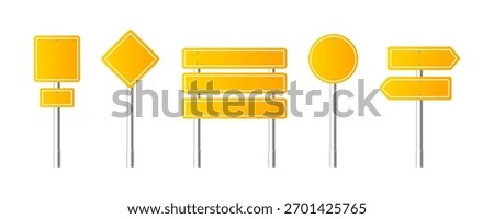 Empty road traffic signs of different shapes on metal poles vector illustration set. 3d realistic yellow blank street signboards