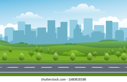 Empty Road Valley. Summer Asphalt Highway In Countryside Of Town On Horizon Cartoon Vector Background, Big Road Before Urban Buildings