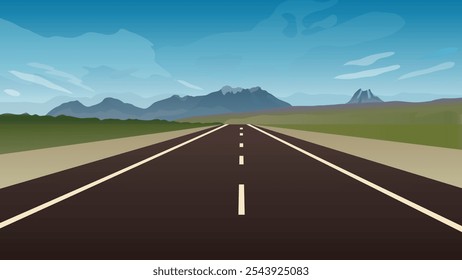 Empty road with a view of mountains in the distance and cloudy blue sky. A long straight road leading towards a snow capped mountain. vector illustration