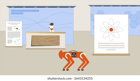 Esvaziar robótica e ciência tecnologia exposição plano ilustração fundo. Salão da exposição de robôs. Feira de negócios. Exposição justa de CTEM, cabines educacionais 2D desenho animado fundo. Imagem de arte vetorial de cena colorida