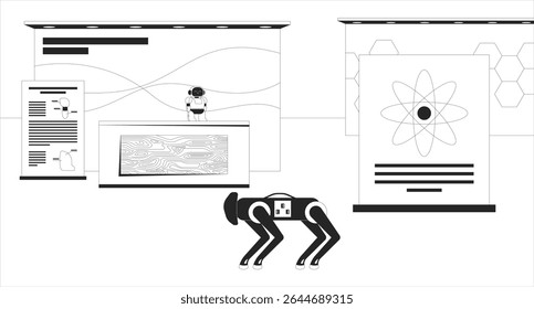Empty robotics and technology science exhibition line illustration backdrop. Robots expo hall. Trade show. STEM fair display, educational booths 2D ink outline monochrome background. Lineart vector