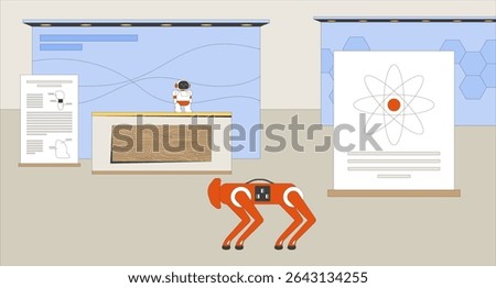 Empty robotics and technology science exhibition flat illustration background. Robots expo hall. Trade show. STEM fair display, educational booths 2D cartoon backdrop. Colorful scene vector art image