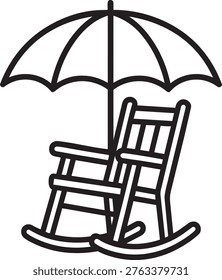 Empty rocking chair under protective umbrella representing comfortable senior retirement age pension concept outline vector graphic illustration