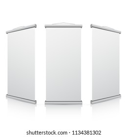 Empty roll up banner set, 3d vector design, isolated on white