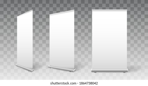 Empty rollup mockups. Blank white banners for exhibition, vertical poster for conference events, vector illustration of template of promotion board isolated on transparent background