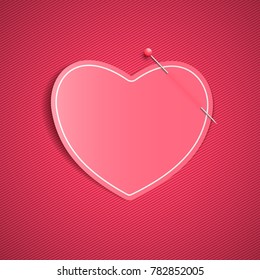 Empty romantic note from a paper heart with a pin. Festive graphic element. Happy Valentine's Day. Pink background with a pattern of lines. Note for a loved one. Vector illustration.