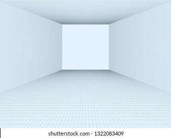 Empty room, 3D abstract cells, lines. Vector concept of virtual reality visualization mesh, grid. Element with the possibility of overlay, isolated background.