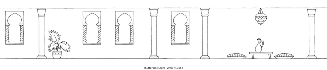 Empty room Arabic style graphic black white home interior sketch illustration vector