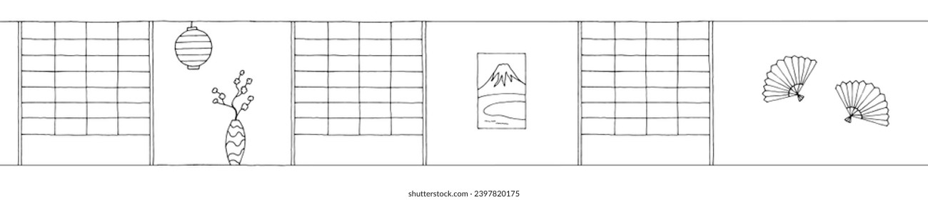 Empty room Asian style graphic black white long home interior sketch illustration vector 