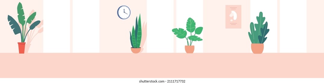 Empty Room Background, Apartment with Decorative Potted Plants front of Large Windows, Clock Hanging on Wall and Pink Floor, Yoga Studio, Hall or Office Indoor Interior, Cartoon Vector Illustration