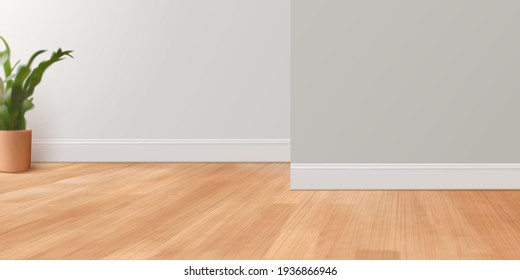 Empty room background with parquet floor and grey walls in 3d illustration. Suitable for ad layouts.