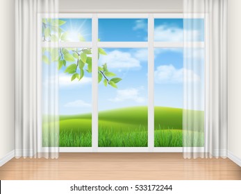 Empty room with big window and rural landscape view. Sunny summer day outside. Vector realistic illustration of the interior. Architectural background.