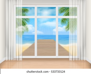 Empty room with big window with a view of the sea shore with palm trees. Sunny summer day outside. Vector realistic illustration of the interior. Architectural background.